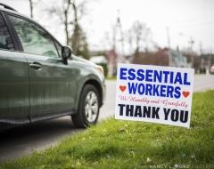 As the Covid-19 virus takes hold of Oneida County, signs on Genesee St. in South Utica show gratitude for those working to keep essential services on track on Friday, April 17, 2020 in Utica, NY. during the social distancing mandate lockdown. (Copyright © 2020 Nancy L. Ford Photography)